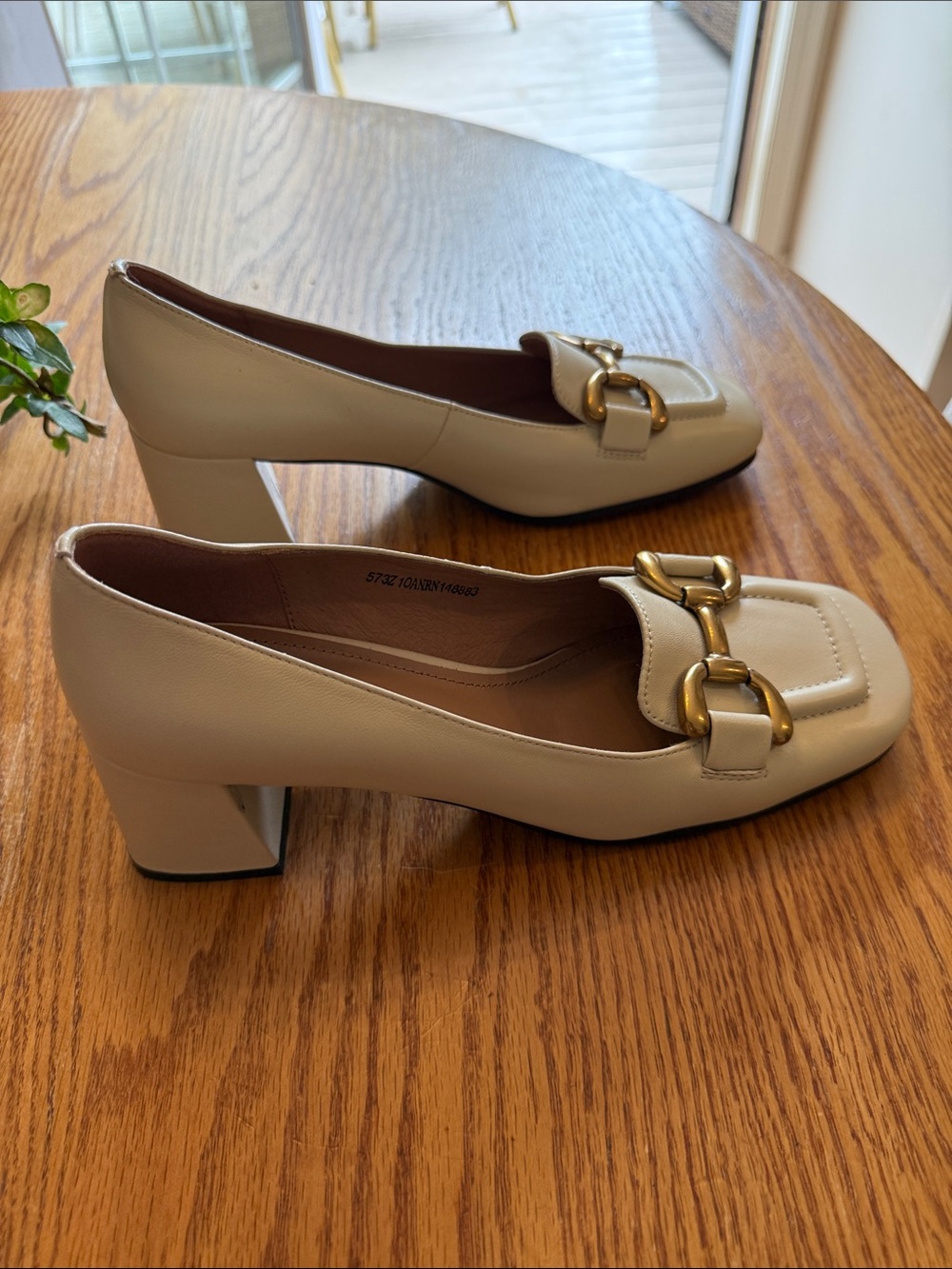 Cream Leather Block Heel Loafers with Gold Buckle